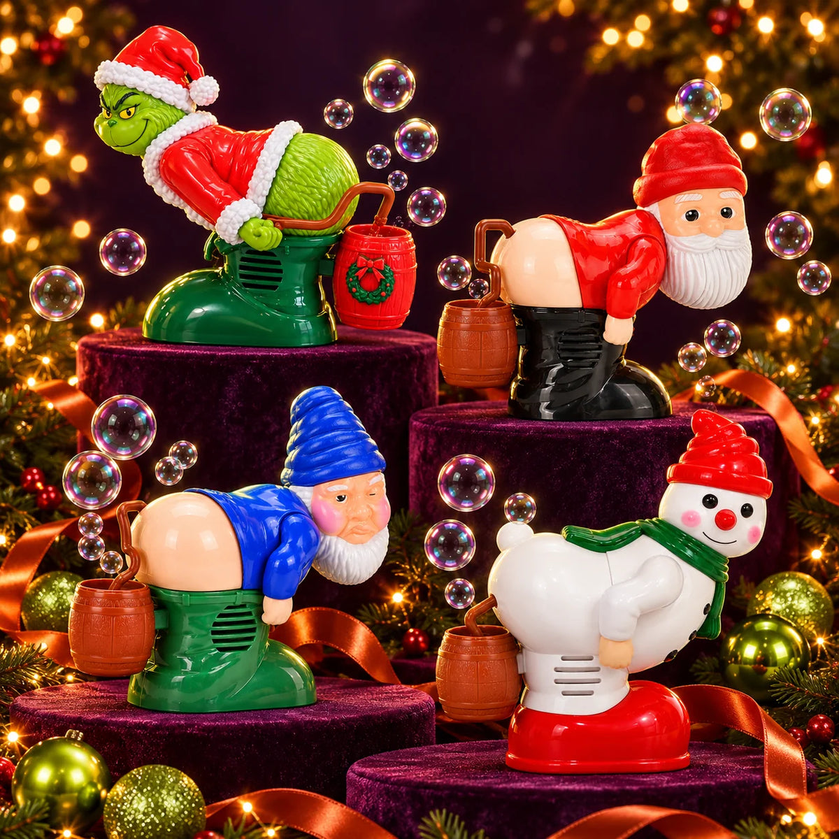 All four bubble characters together among Christmas lights and bubbles.