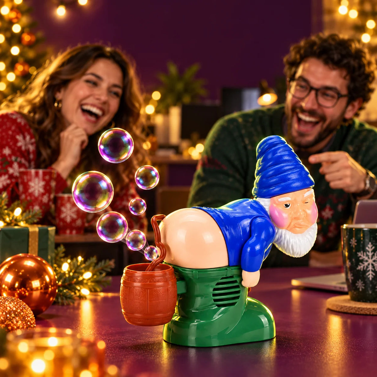 Coworkers laughing at the Blue Gnome at an office Christmas gathering.