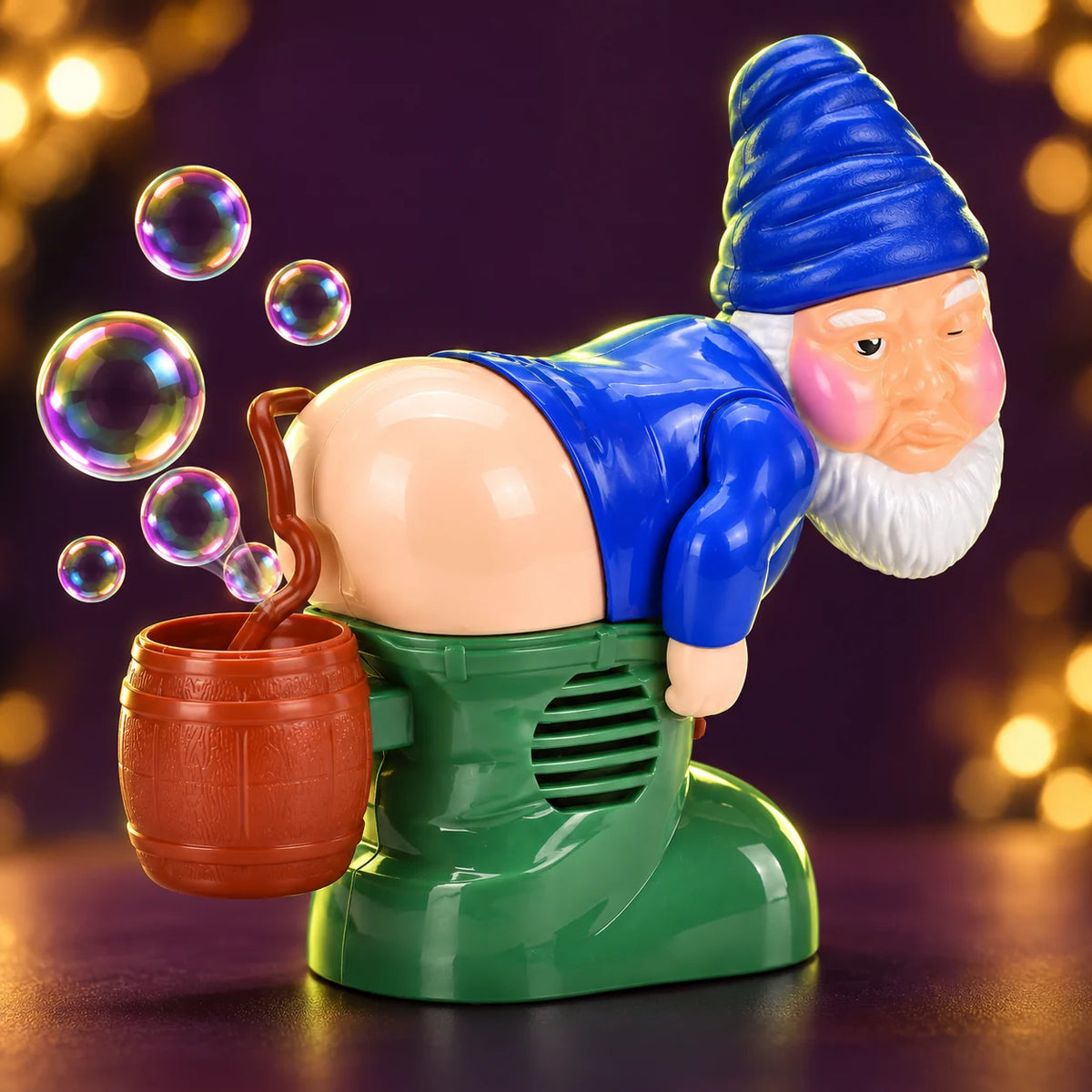 Blue Gnome with green base and brown reservoir.