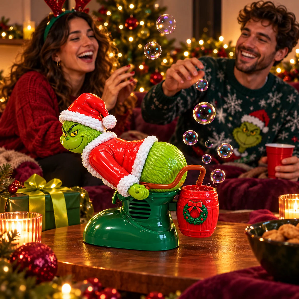 Grinch bubble machine at a Christmas party with friends.