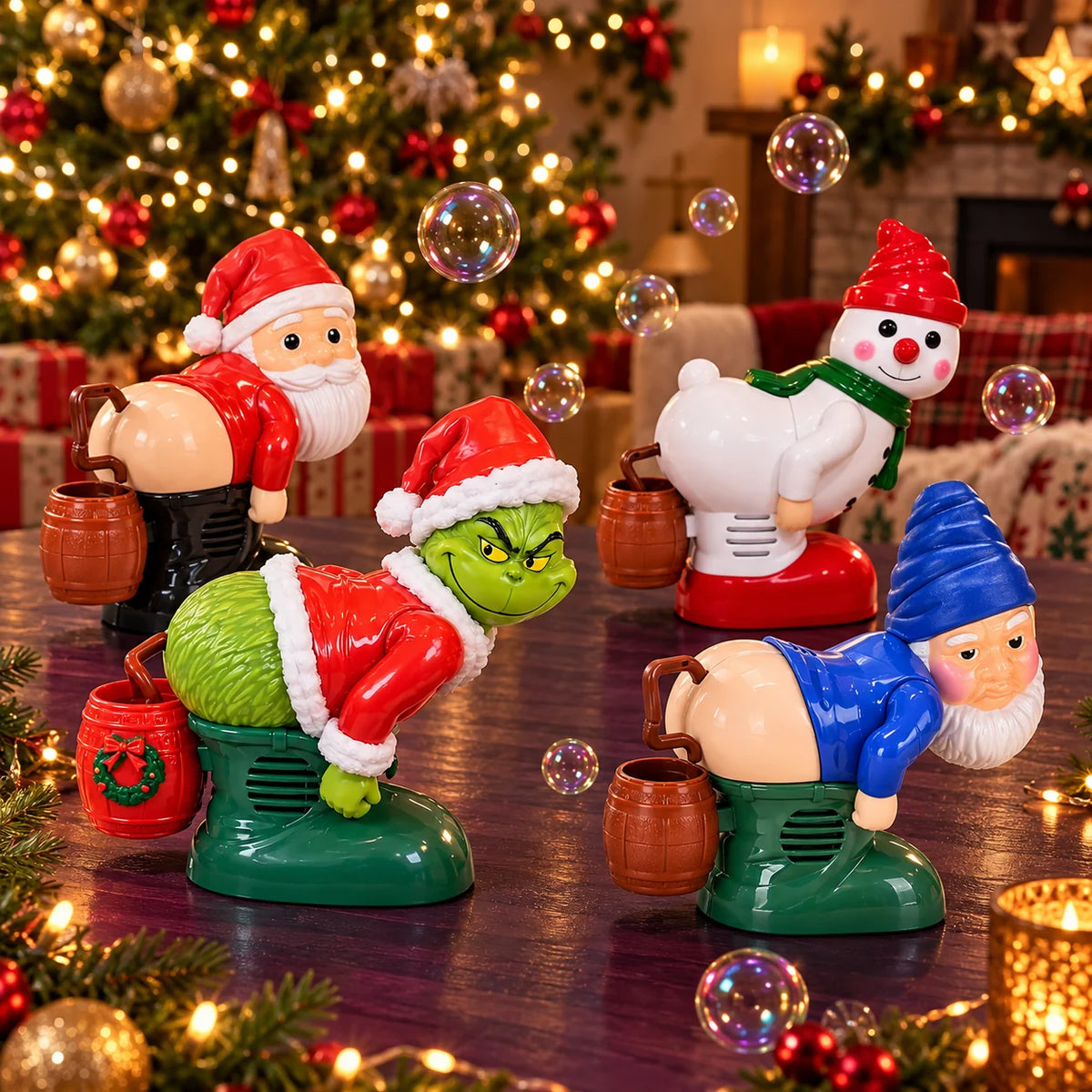 Grinch, Pai Natal, Gnomo azul e Boneco de neve rodeados de bolas de sabão e luzes de Natal.