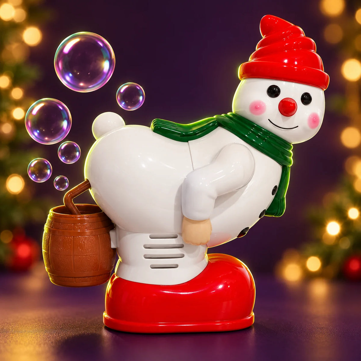 Snowman with green scarf, red base and brown reservoir.