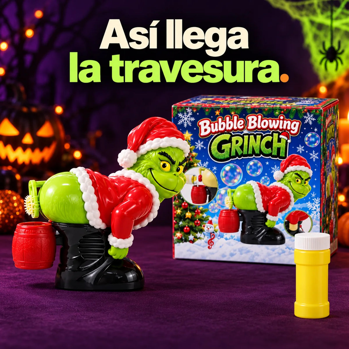 Producto, caja original y botella de solución para burbujas: Así llega la travesura.