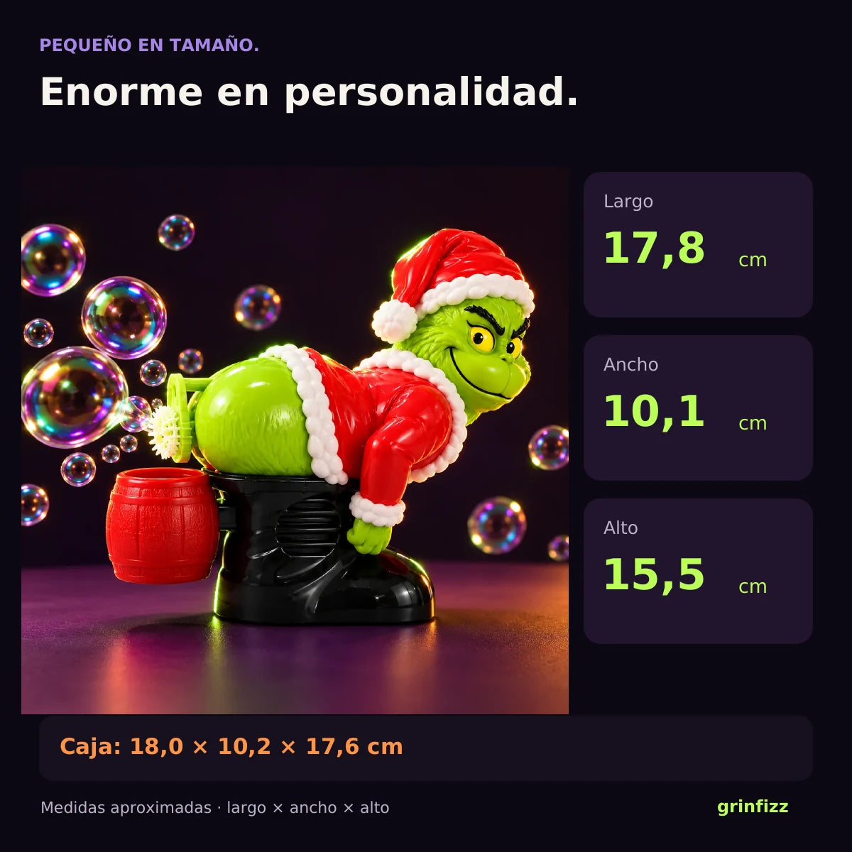 Medidas aproximadas en cm: producto 17,8 × 10,1 × 15,5; caja 18,0 × 10,2 × 17,6.