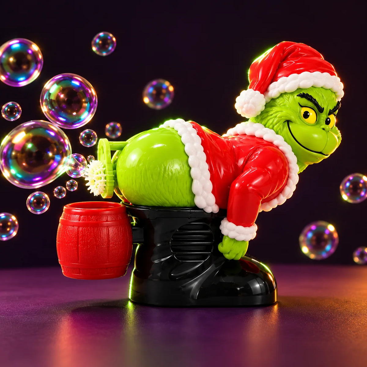 Full view of the Grinch bubble blower against a dark purple background.