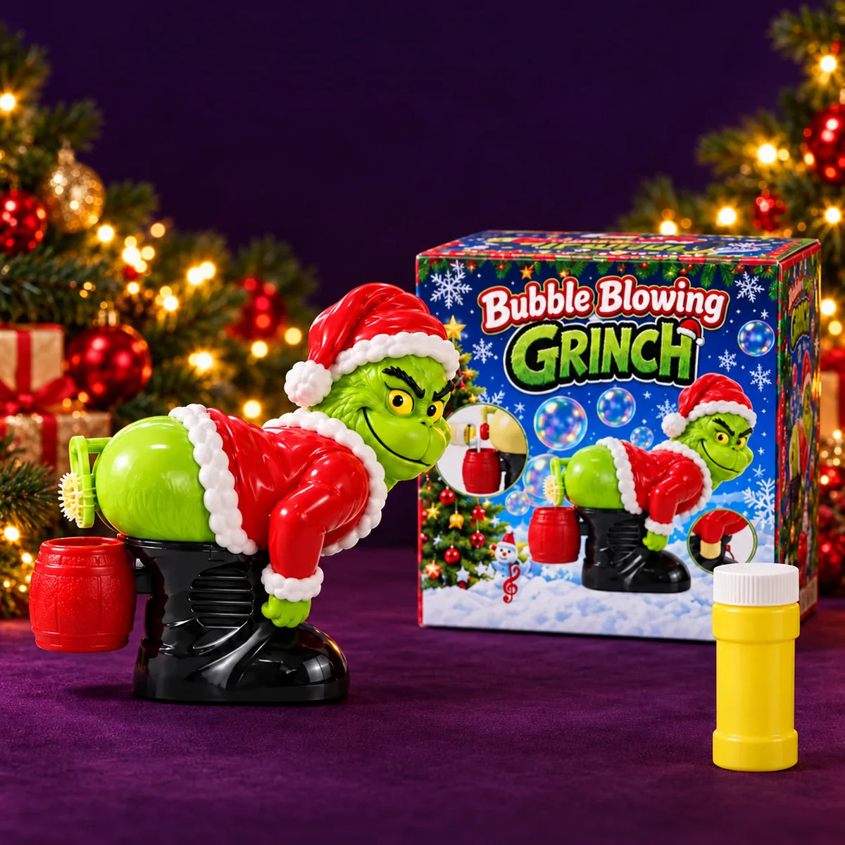 Grinch bubble blower beside its original box.