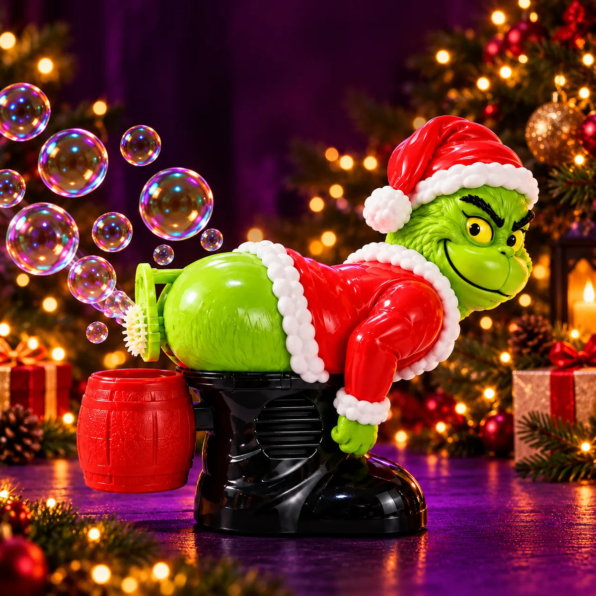 Grinch bubble blower with Christmas gifts and lights on a purple table.