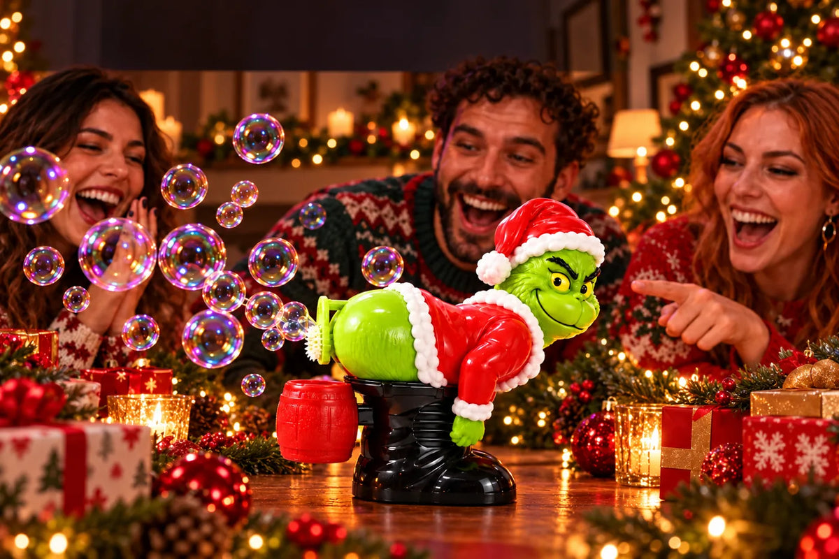 Friends laughing with the Grinch and its bubbles at a Christmas get-together.